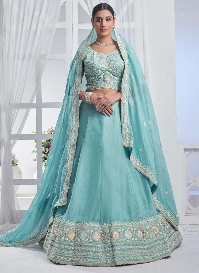 Pure Chiffon Sky Blue Party Wear Embroidery Work Lehenga Choli